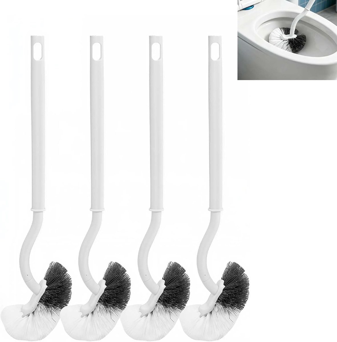 Toiletborstel met randreiniger (lange steel) — Schoonmaakborstel — Kunststof — 4-delige set (inclusief haak)