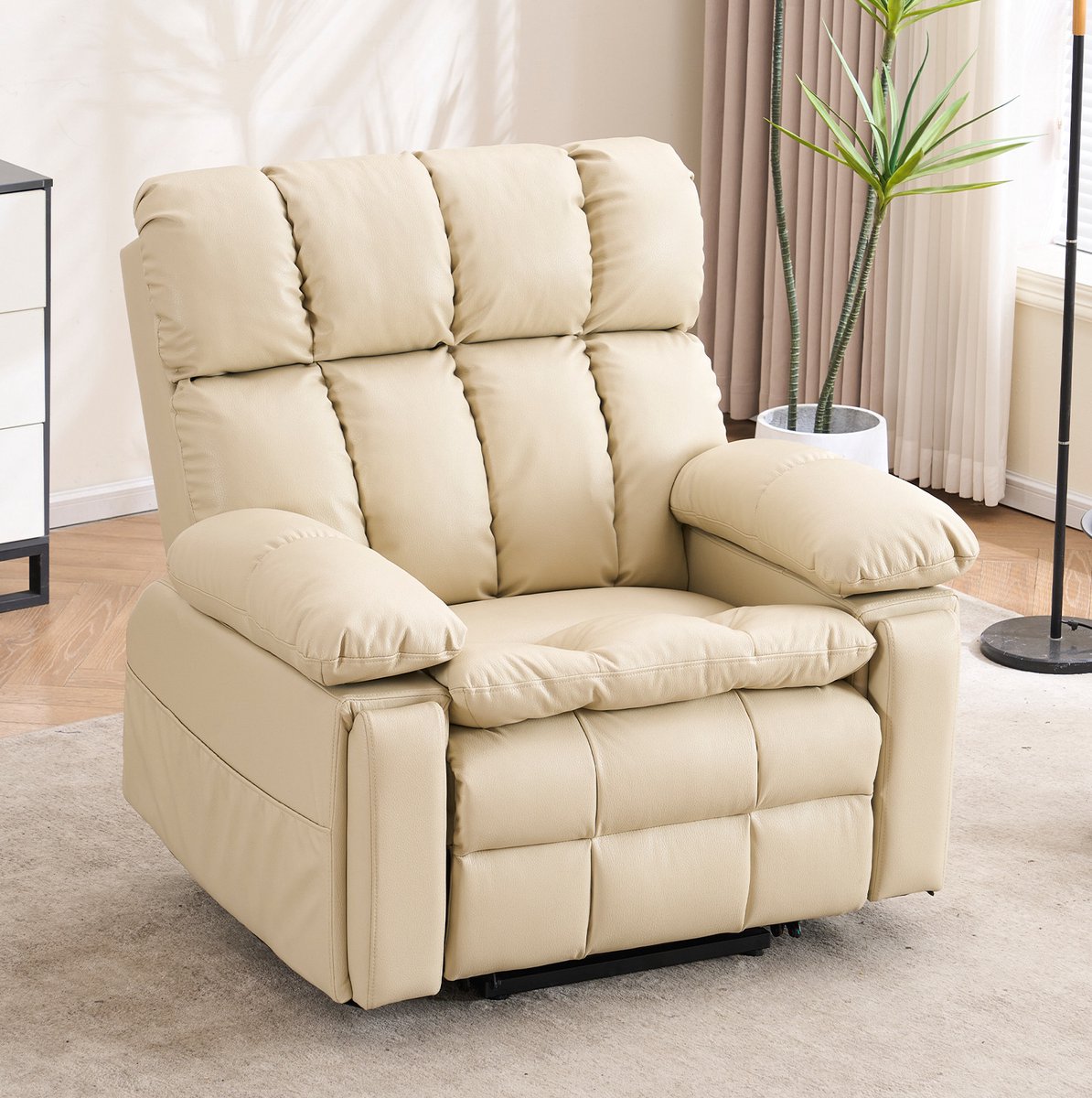 FloraGrace Relaxfauteuil Elektrisch 109 Cm - Opsta-Hulp Met Massage, Verwarming, Verstelbare Rugleuning En Voetensteun - Voor Woonkamer - Beige