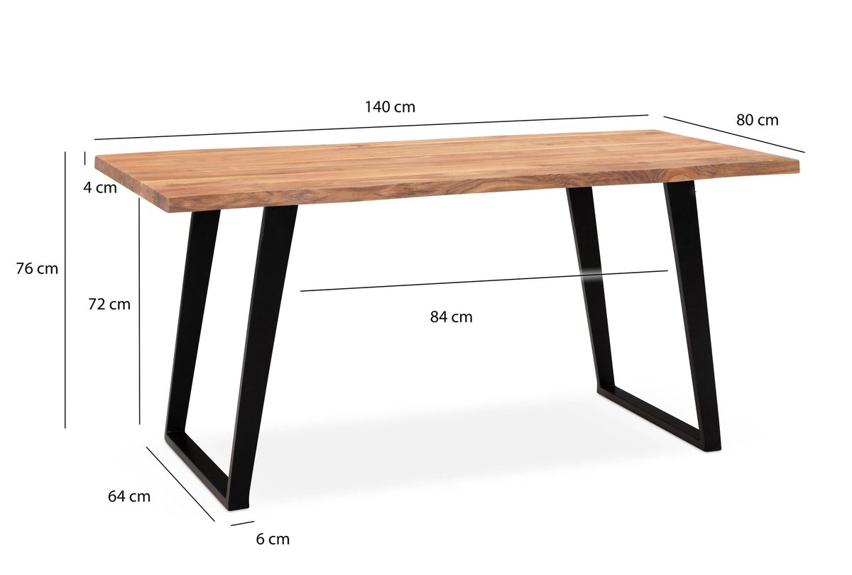 eettafel 140x80x76 cm acacia massief hout/metaal eettafel boomrand, massieve keukentafel met U-poten in zwart, houten tafel eettafel eetkamer rechthoekig - WL7.257