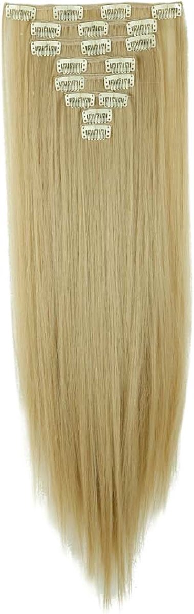 Clip-in extensies, haarverlenging, glad, 8-delige set, 18 clips, 8 stuks, voor het hele hoofd, net echt haar, 58 cm, asblond mix bleekblond