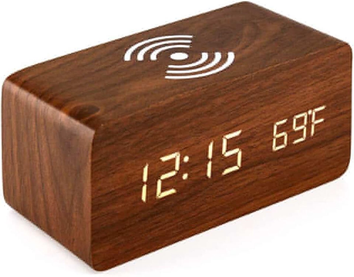 Nachtkastje Draadloze Oplading Radio Wekker met Dimbaar LED Display - Niet Tikkende Op Netvoeding Aangedreven Dubbele Wekker met USB Oplader