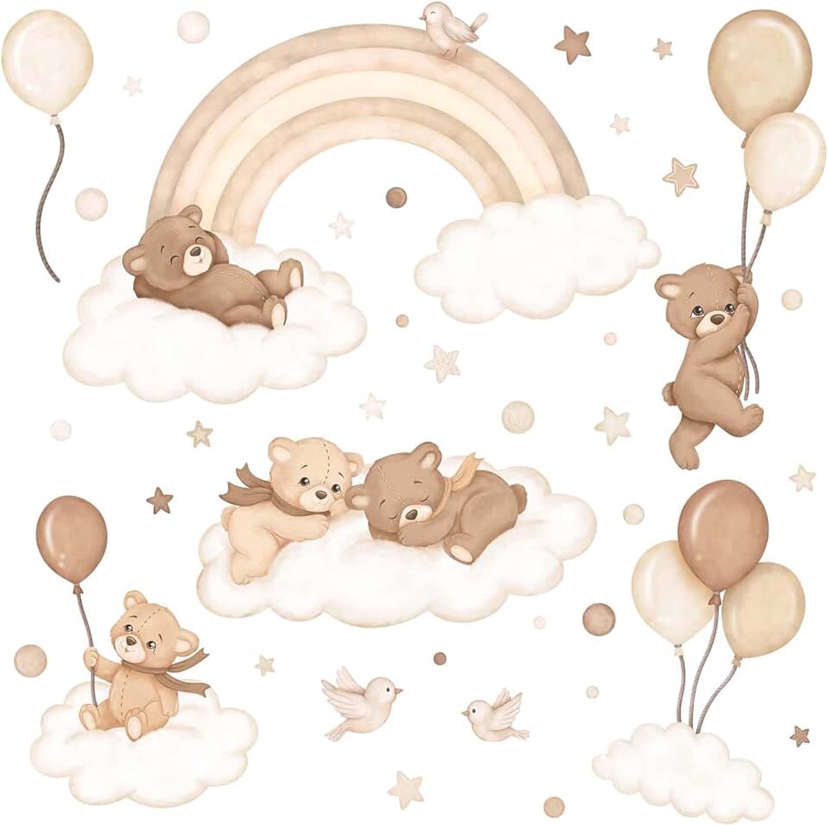 Muursticker Kinderkamer - Wanddecoratie - Muurstickers - Boho Beren Op Wolken en Ballonnen met Regenboog, UV-Bestendig, Bruin Beige, Vel Met 38 Delen