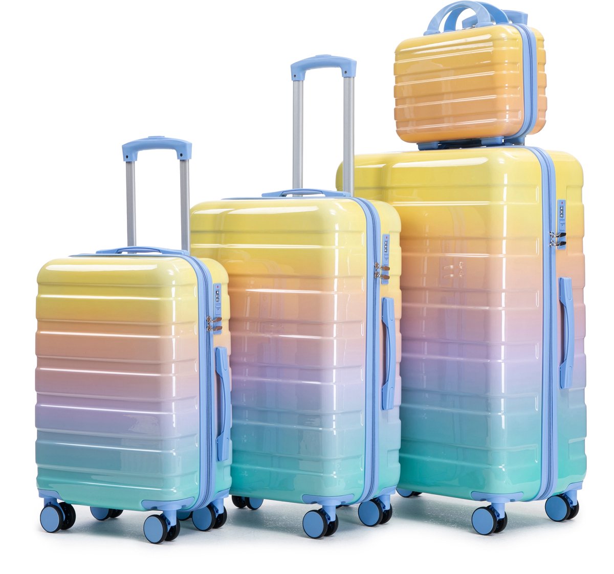 Kofferset - 4-Delige Hardcase Koffer Set - Gele Koffer met Cijferslot en Cosmetische Tas - Polycarbonaat Spinner - Reiskoffer Set