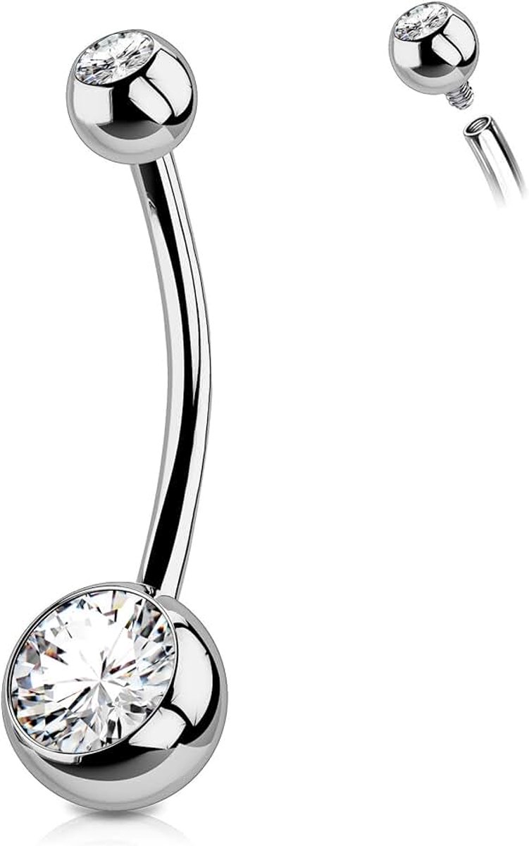 G23 Massief Titanium Buikstaafjes Ballen 14G Intern Schroefdraad 8 10 12 14 16mm Korte Extra Lange Navel Piercings Barbell Ringen Dubbele Clear CZ Gem 1.6mm Geen bengelen Navel Sieraden