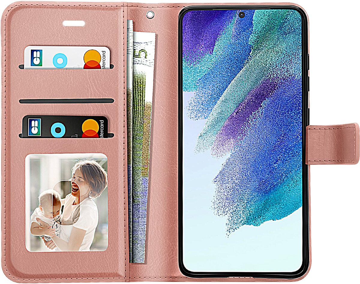 Mayaxess, Portemonnee Hoesje geschikt voor Samsung Galaxy S21 FE met Draagkoord, Roségoud