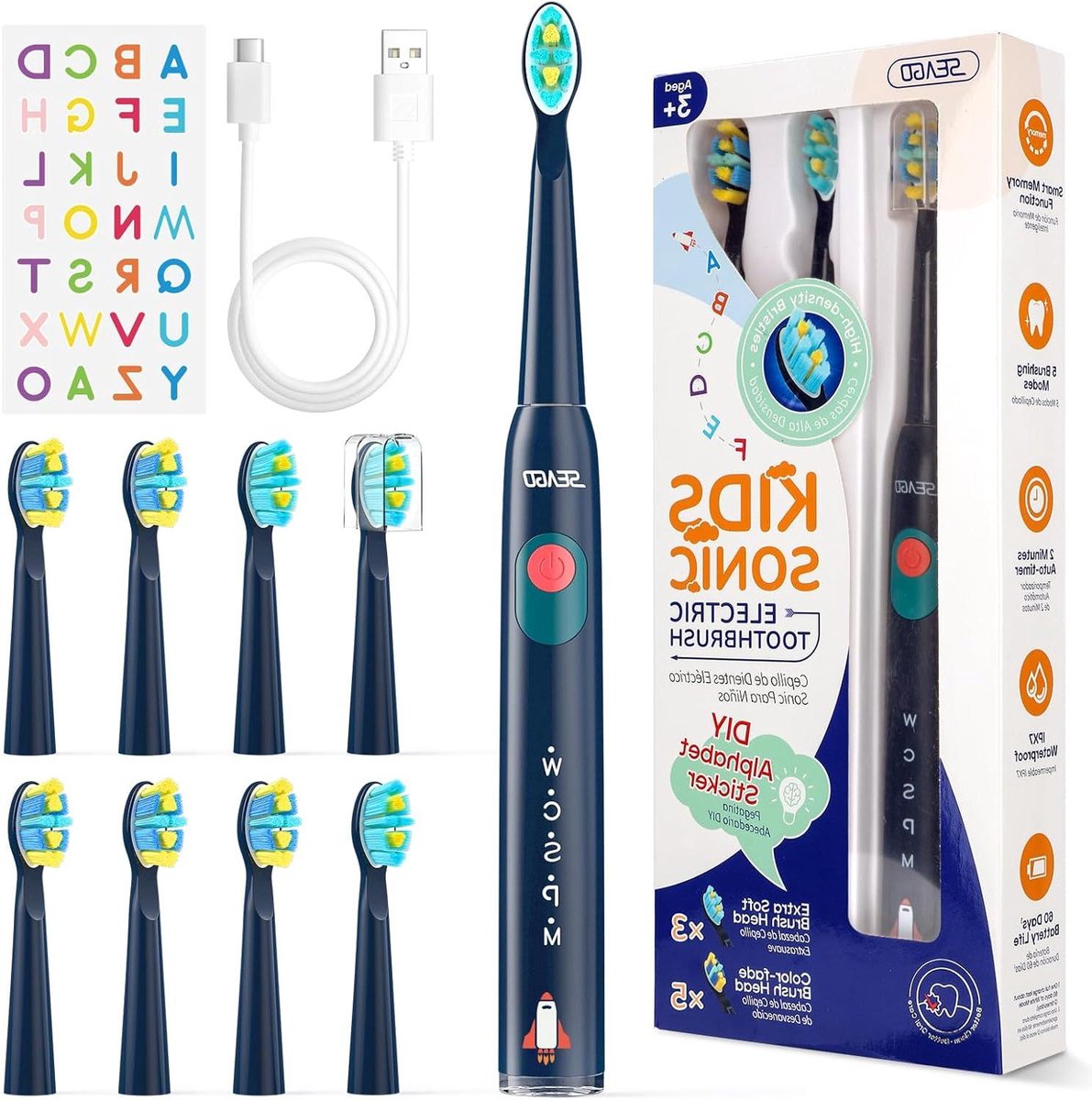 Elektrische Tandenborstel - Kinder Tandenborstel - Dagelijkse Mondverzorging - 8 Vervangbare Borstels - 5 Reinigingsmodi - Blauw