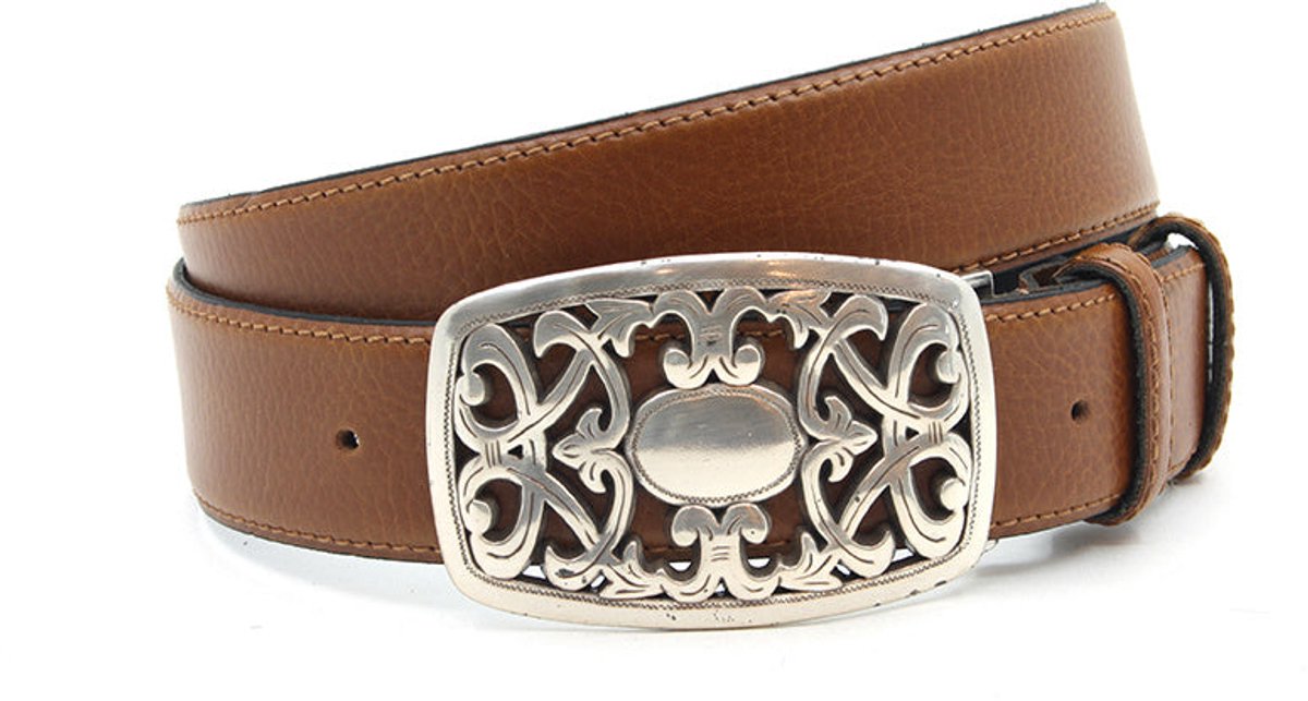 Cognac leren jeans riem 4cm western buckle gesp - Heren riem - Leer - Jeans riem - Verstelbaar - Maat 95
