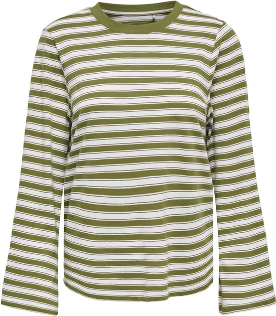 Een groen en wit gestreept longsleeve shirt met lange mouwen. De halslijn is rond.