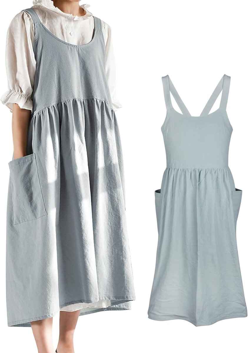 Japanse Stijl Damesschort Katoenen Linnen Schorten Crossback Pinafore met Grote Zakken Effen Kleur Literatuur Art Casual Schort voor Vrouwen Koken Chef Café Bloemenwinkel
