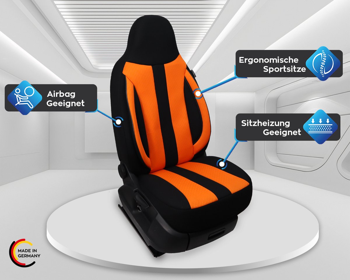 Autostoelhoezen voor Peugeot 308 BJ vanaf 2021 – Stoelhoezen voor bestuurder en passagier in Zwart/Oranje