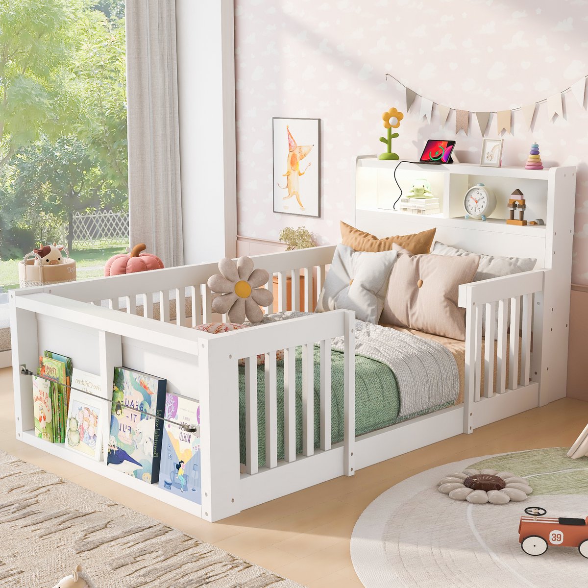 Kinderbed 90x190 cm met USB-aansluiting en Nachtlicht - Wit Hout - Veilige Slaapomgeving