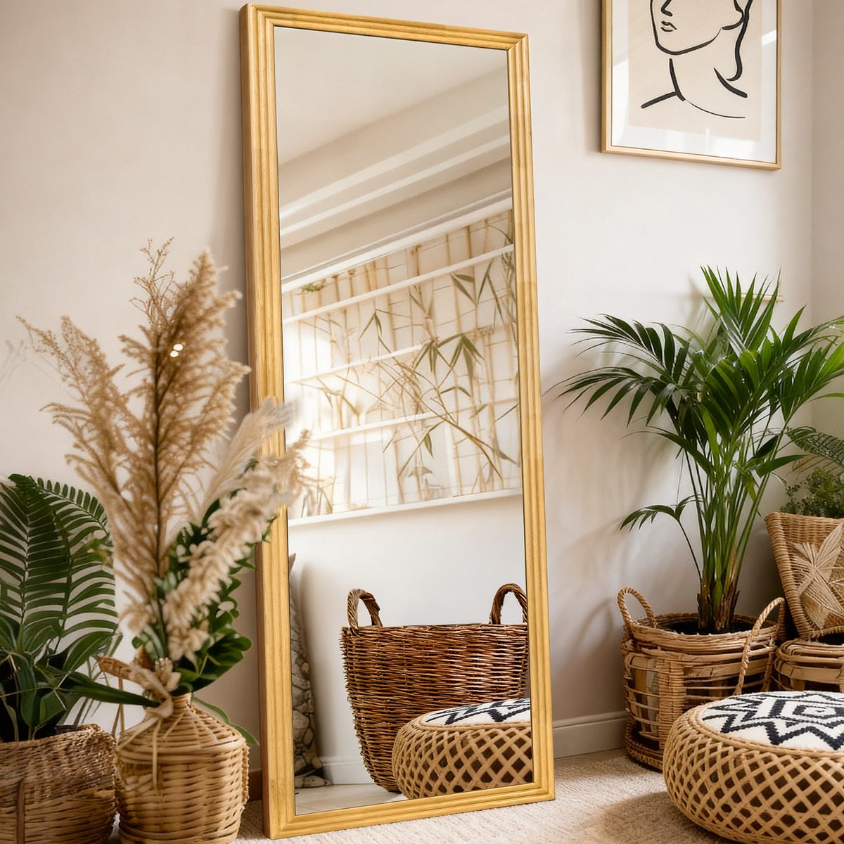 Staande Spiegel - Grote Passpiegel 160x50 cm Met Houten Frame En Verstelbare Voet - Bruin