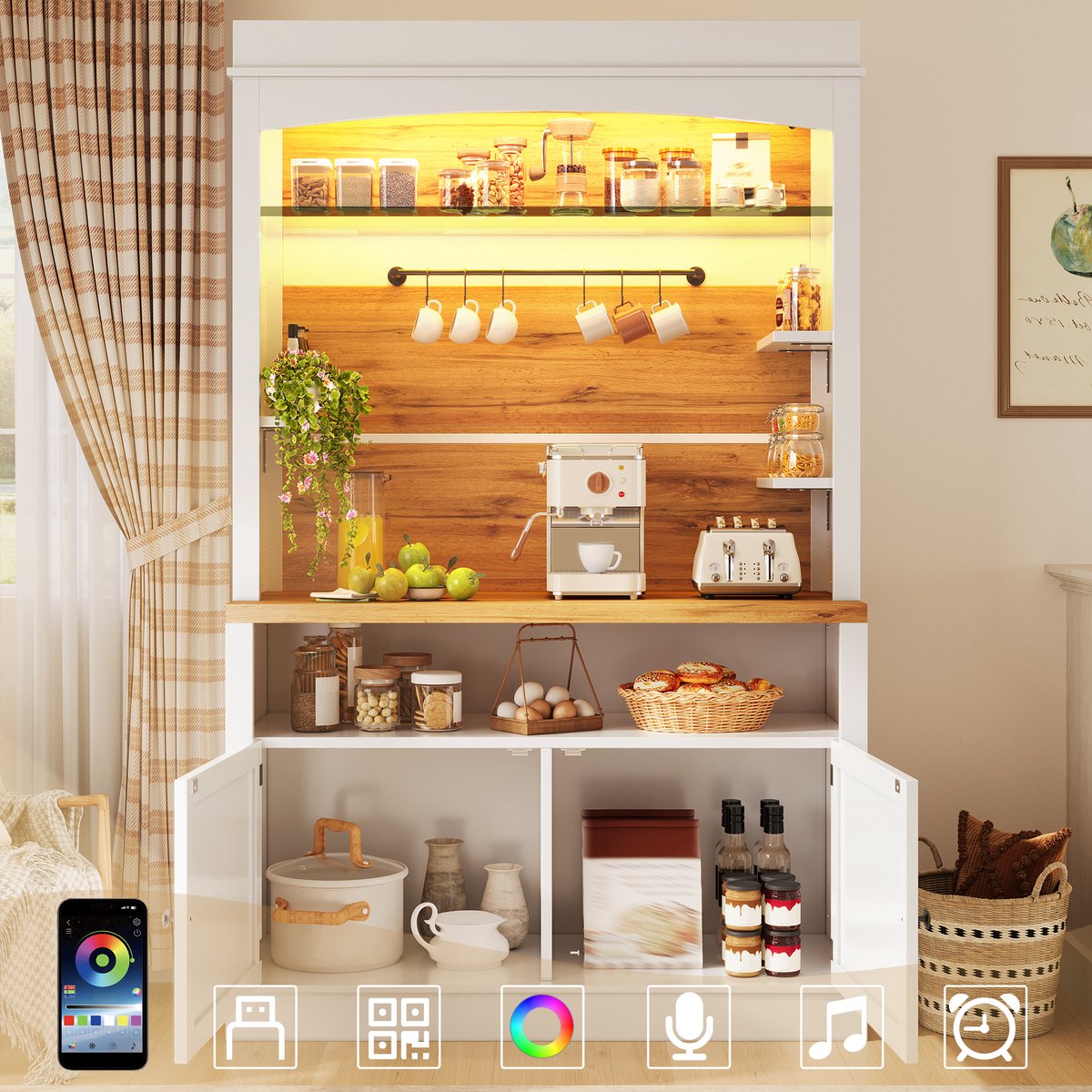 Hoge Kast Met LED Verlichting - Keukenkast Met Glazen Planken - Opbergkast 184 cm - Wit Met Houten Design