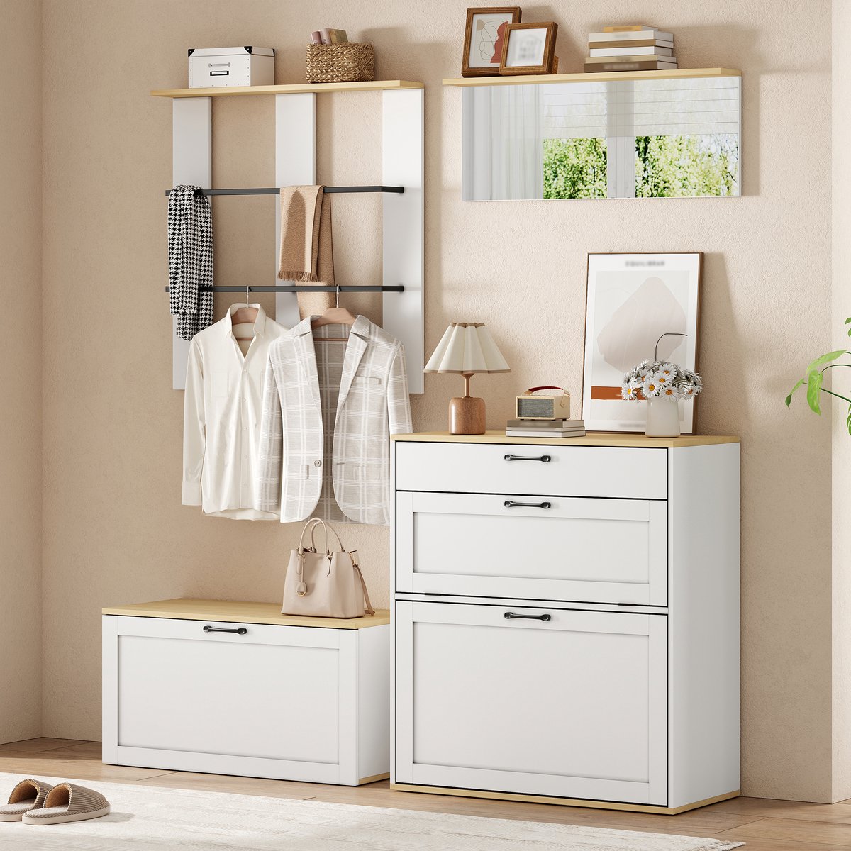 Multifunctionele Garderobe Set - Modulair Design in Weiß + Holzton - Wandgarderobe 156x36x176cm