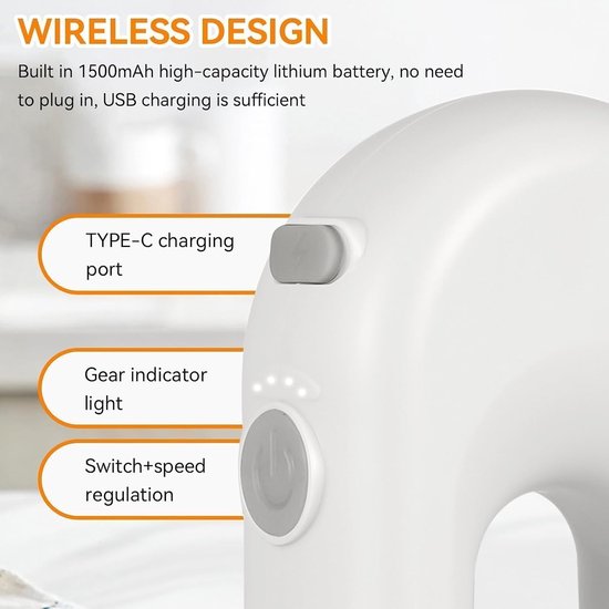 Draadloze Mixer - Keukenapparaat - Beslag Maken - 4 Snelheden Instelbaar - 1500mAh Batterij - Wit — afbeelding 5