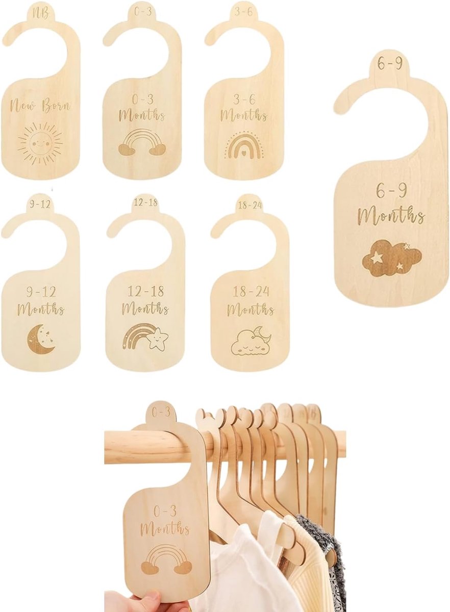 7 stuks babykastverdelers van hout, kledingkast, kleerhangers, babykast, scheidingswanden, maatverdeler baby, kleerhanger aan beide zijden bedrukt, van pasgeborenen tot 24 maanden