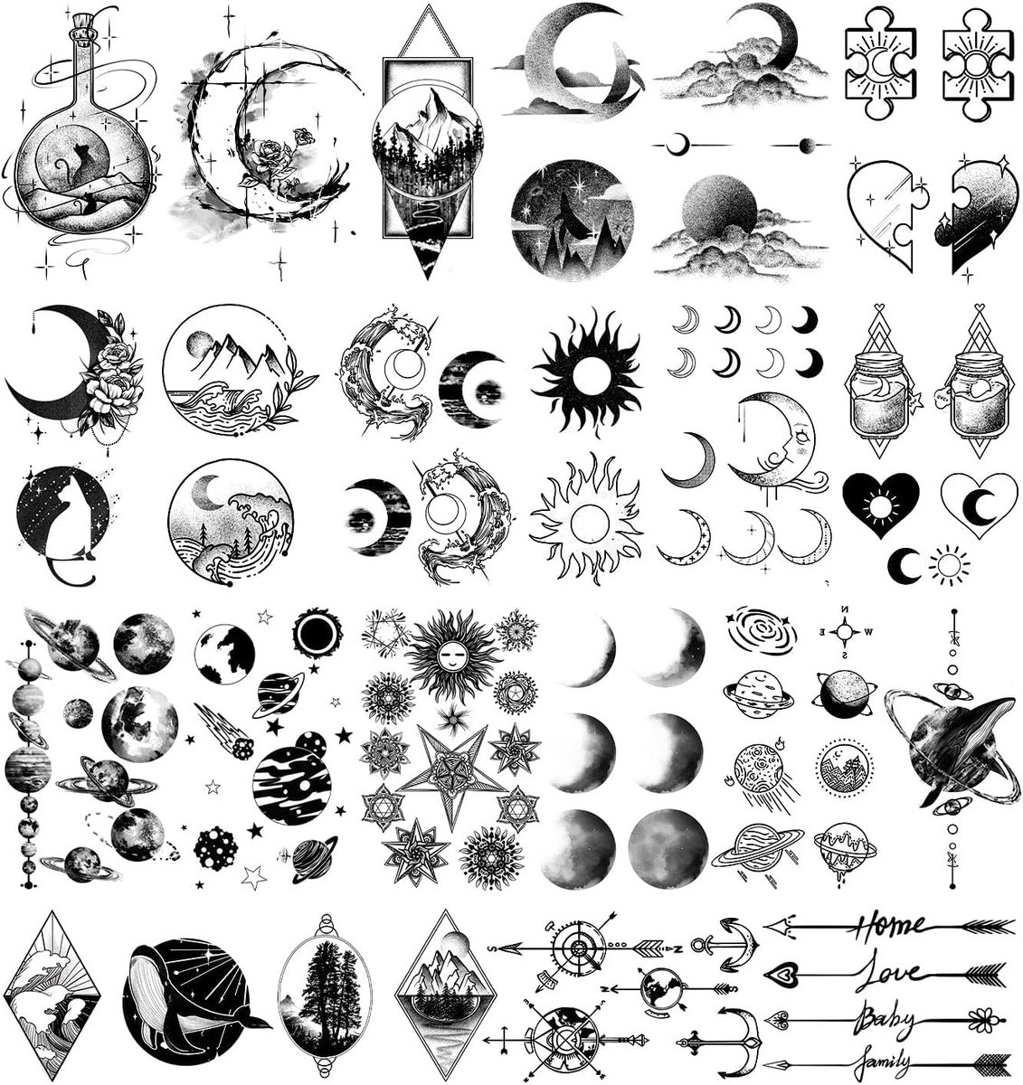 Tijdelijke tatoeages, nep stickers voor volwassenen met planeten zon maan sterren hart zwarte 3D realistische kleine tatoeages voor vrouwen mannen decoratie voor vrouwen