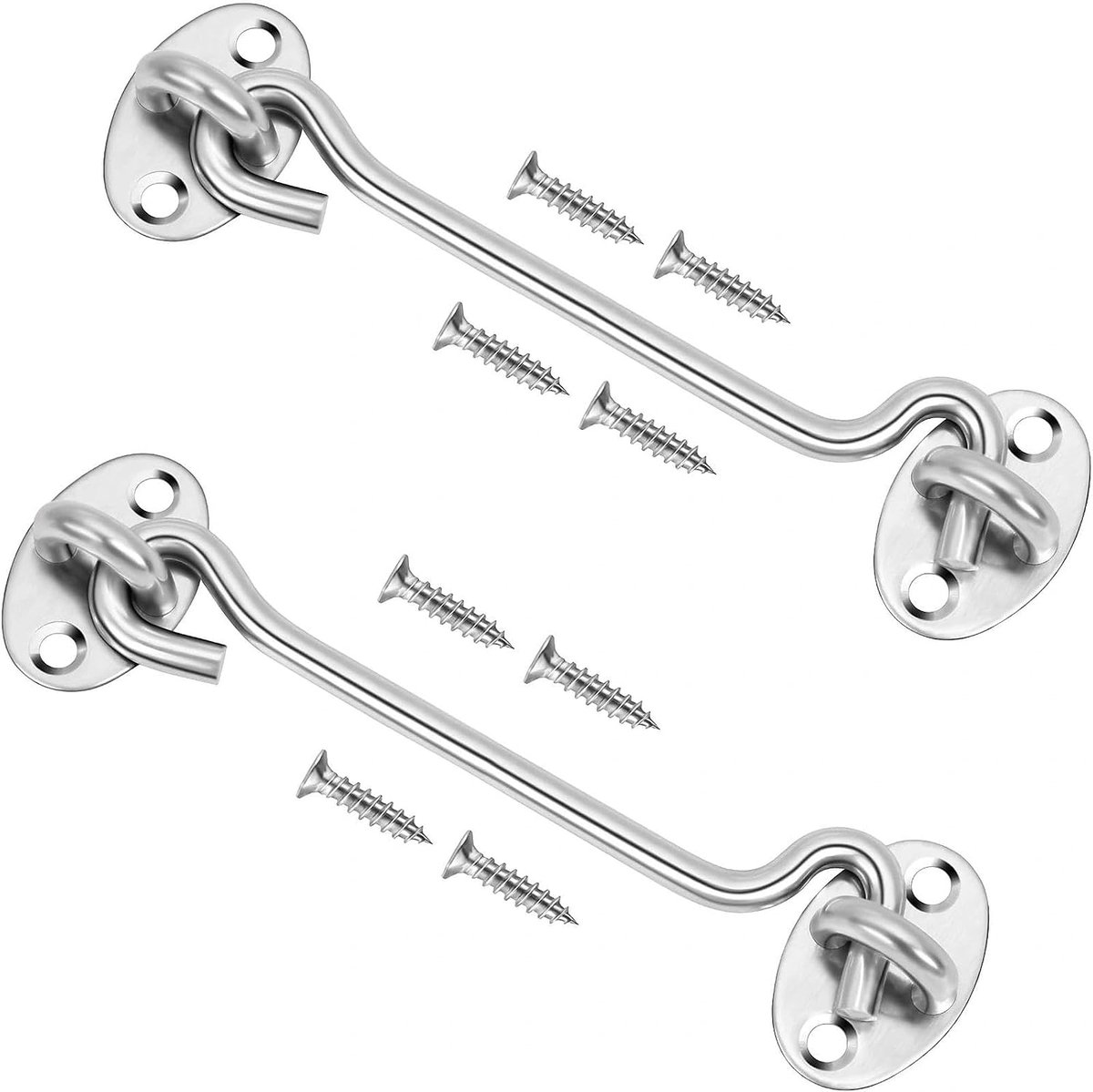 2 stuks, 250 mm, roestvrij staal, kabinehaken, grendeldeur, stormhaak, deurhaakslot met schroeven, deurhaken voor garagedeur, raam, schuurdeur, deursloten (zilver)