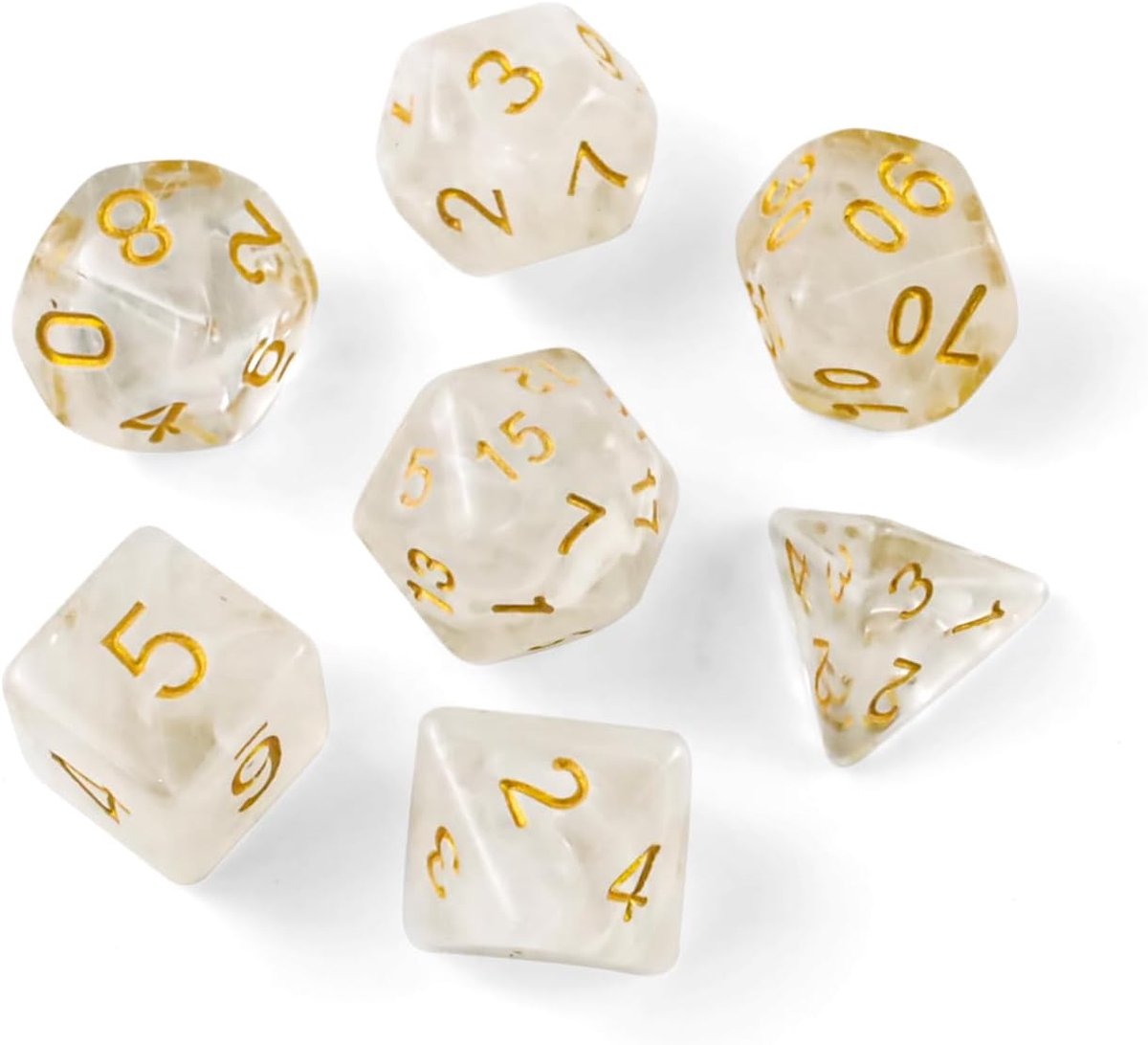 Dice, 7 stuks MTG polyedrische dobbelstenen, D&D dobbelstenen set | Dungeon and Dragons dobbelstenenset, D4 D6 D8 D10 D12 D20 D%, voor RPG, rollenspellen, wit-gouden letters