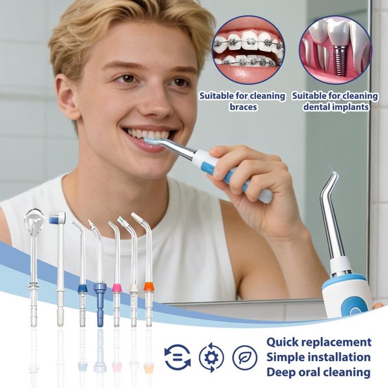 Set met 7 mondirrigatieopzetstukken, hoge druk, vervangende mondstukken | standaard/ortho/parodontaal/plaat/borstel/tongschraper, compatibel met Waterpik WP-100/250/450/560/660/900/940 — afbeelding 2