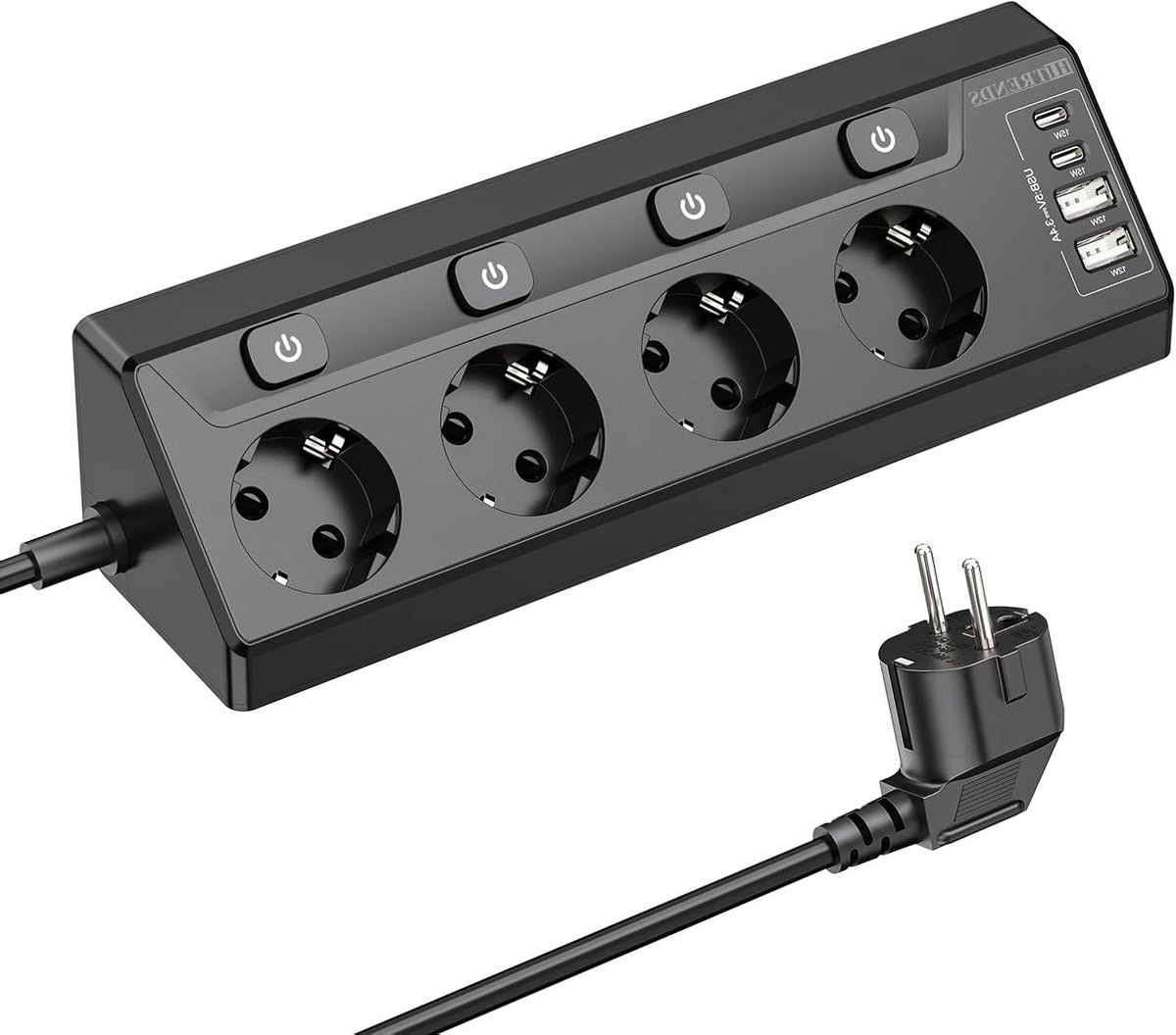 Stekkerdoos Hoek - Stopcontact Verdeler - Meerdere Apparaten - 4 Individuele Schakelaars - 2 Meter Snoer - Wit