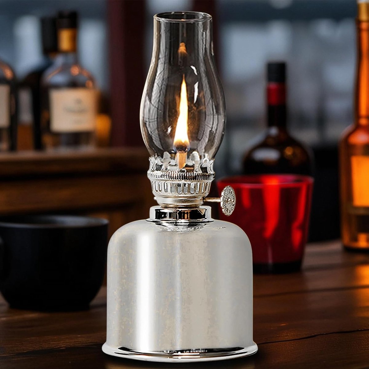 Petroleumlamp voor binnen, metalen glazen olielampen, winddichte olielamp, retro lamp, instelbare helderheid, olielampen voor noodgevallen, tuin, eetkamer (zilver)