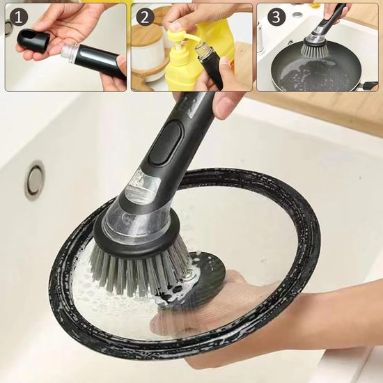afwasborstel, 3 stuks afwasborstel met afwasmiddeldispenser, multifunctionele vaatborstel, reinigingsborstel, keukenborstel voor pot, pan, gootsteenreiniging — afbeelding 2