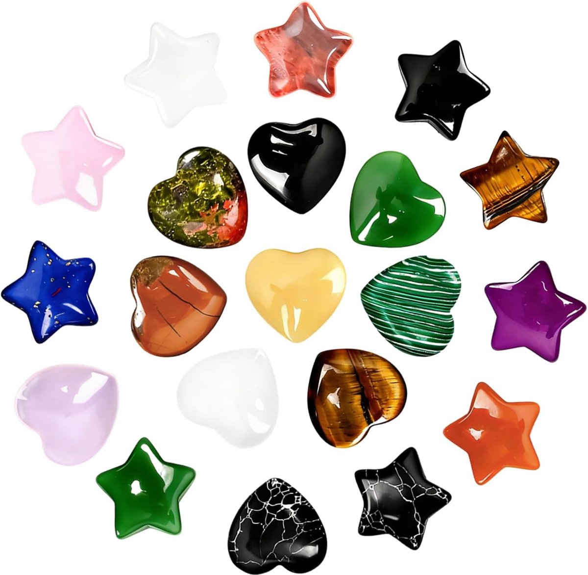 20 Stuks Edelstenen voor Kinderen, 10 Harten & 10 Sterren, Natuurlijke Heelstenen voor Chakra en Reiki, Kleurrijke Kristallen voor Verzamelaars