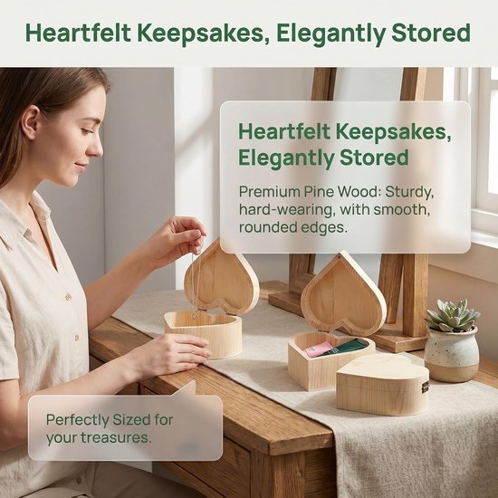 Kist met deksel, klein, 2 stuks houten doos in hartvorm, 13 x 13 x 7 cm, retro herinneringsdoos voor sieraden, armbanden, halskettingen, cadeau, kleinigheden — afbeelding 5