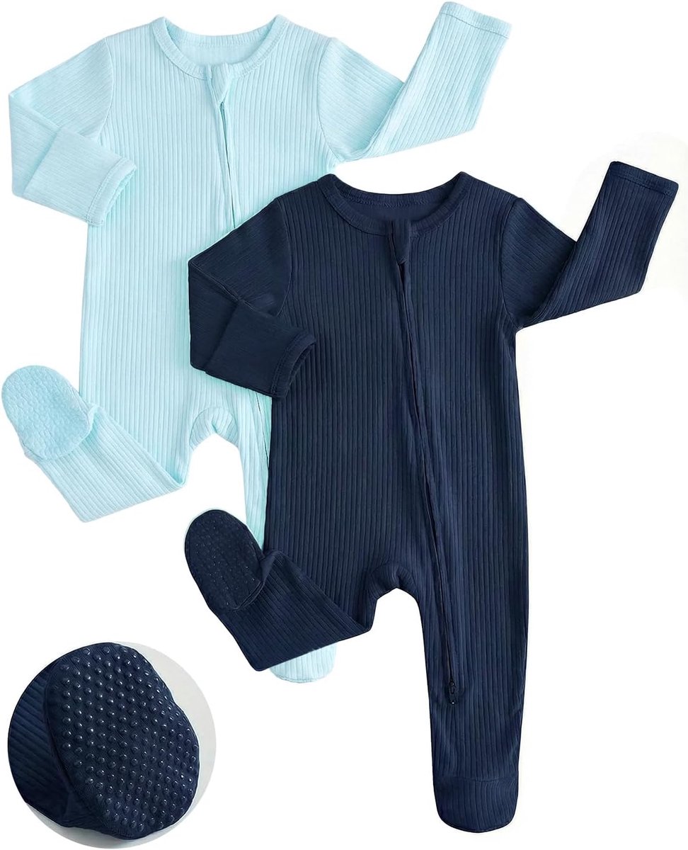 Katoenen babypyjama, verpakking van 2 stuks, lange mouwen, pasgeborenen, jongens, meisjes, romper, babykleding, marineblauw, 12-18 maanden