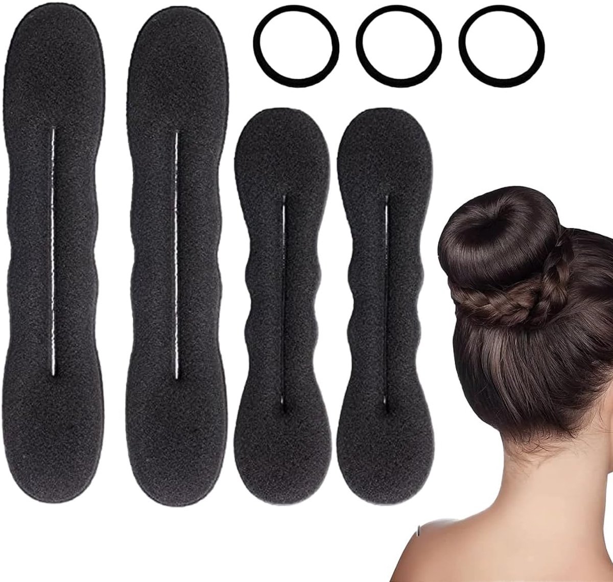 4 stuks haarknopen voor donut + 3 haarelastiekjes, snel en eenvoudig voor haar, haarspons
