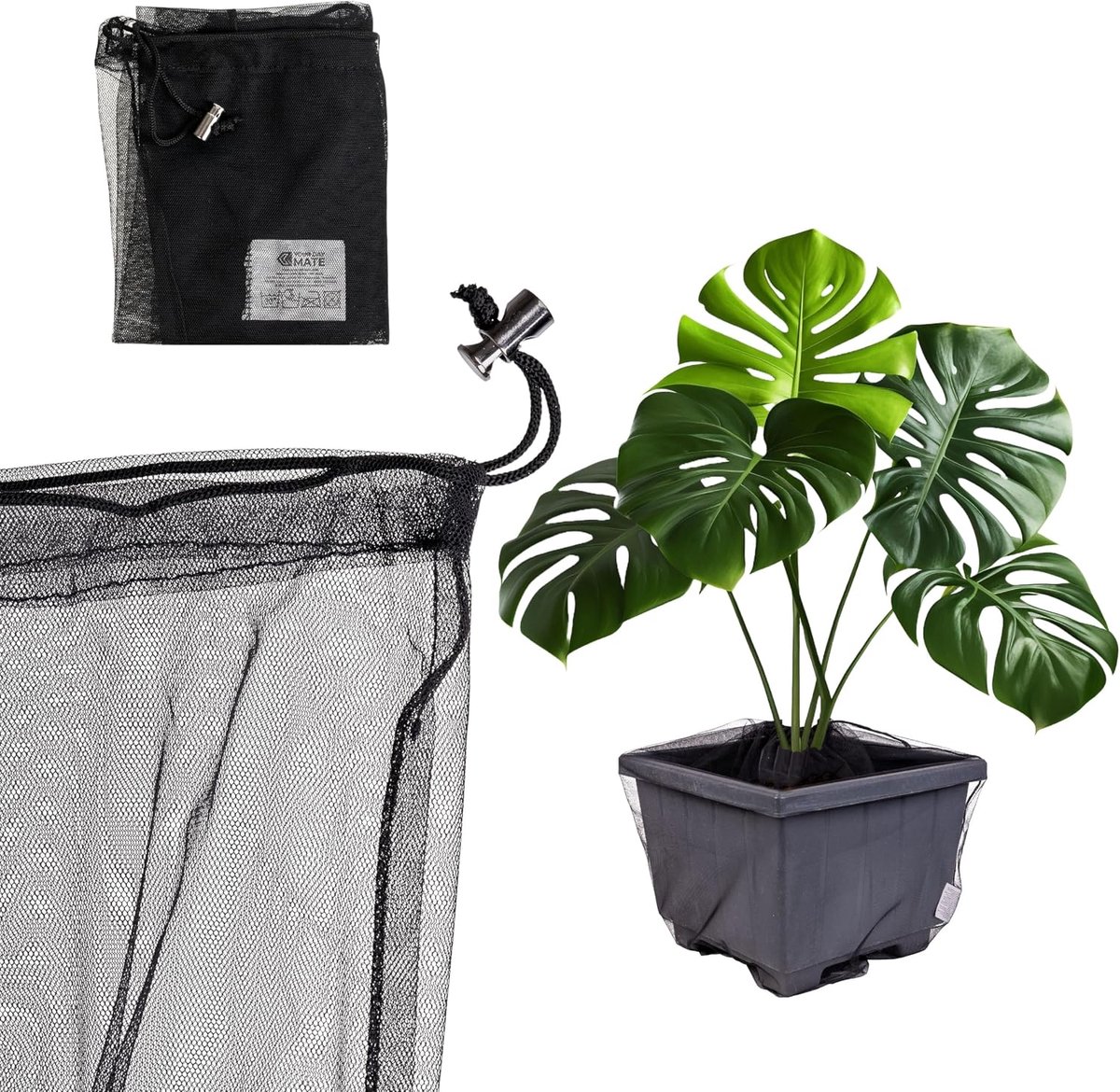 Kinderbeveiliging voor kamerplanten, 2 stuks, voor bloempotten tot Ø 40 cm, zwart, van nylon, plantenbeschermingsnet, babybeveiliging tegen aarde, mest, potafdekking voorkomt water geven bij het