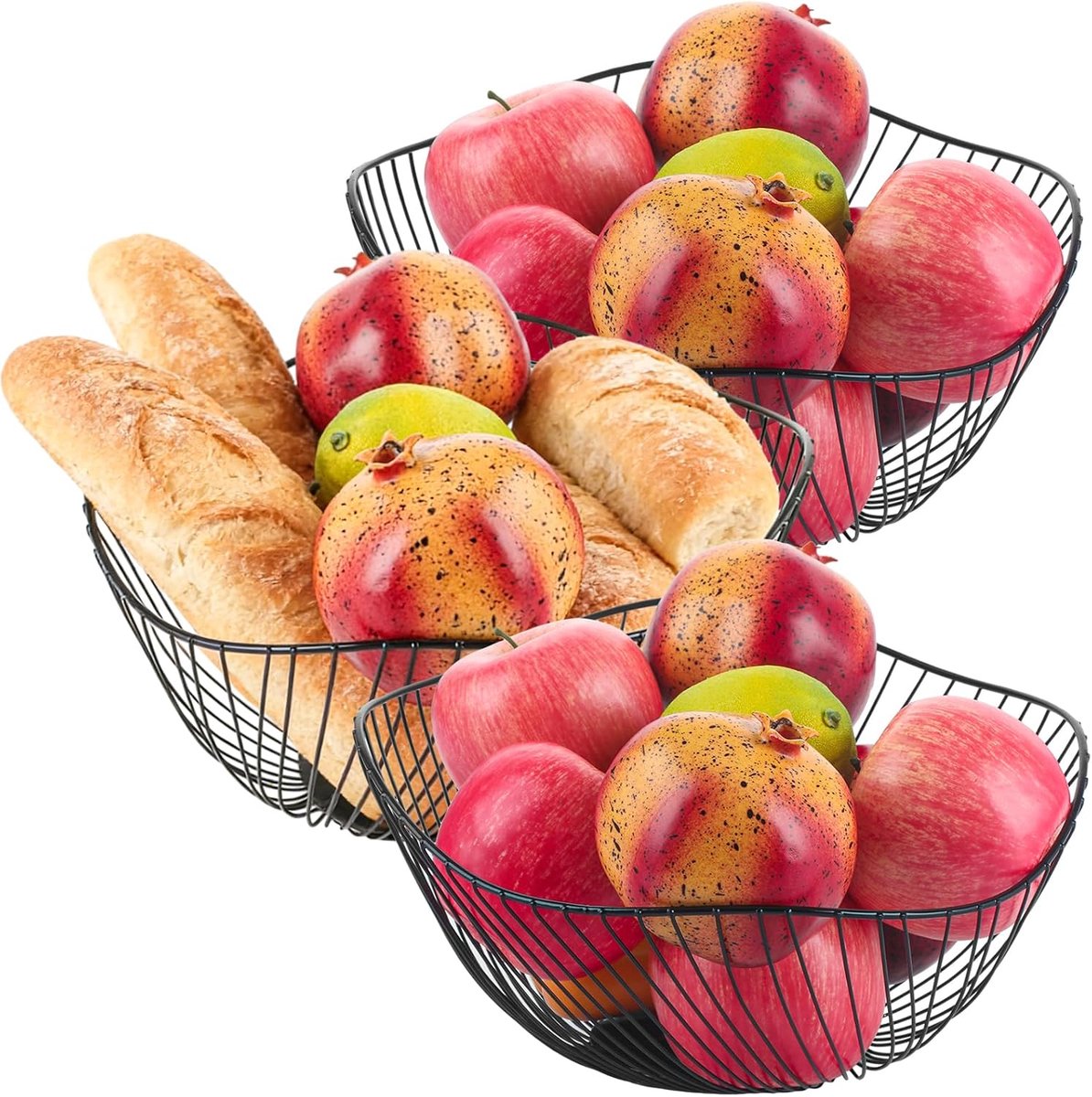 3 stuks moderne fruitschaal, 25,5 x 11 cm, zwart, golfvorm, fruitmand, metaal, antislip, broodmand, metaal, opengewerkte draadmand, zwart, fruitschalen voor fruit, groenten, kleinigheden