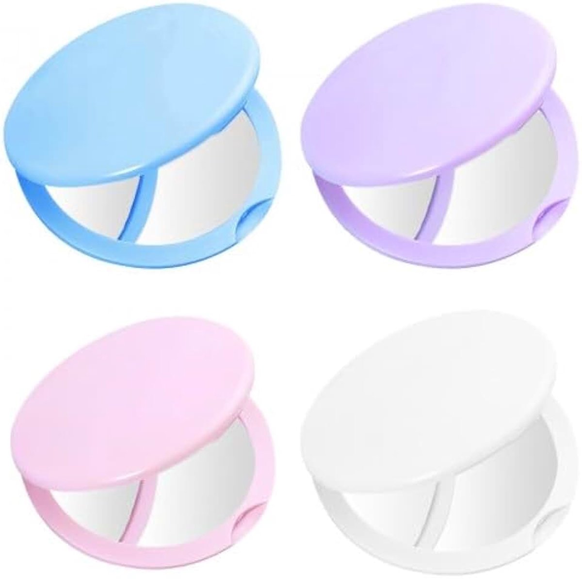 4 stuks pasteltinten zakspiegel (lichtblauw, lichtpaars, wit, roze), make-up- en mini-spiegel, dubbelzijdig inklapbaar, voor dagelijks gebruik en op reis