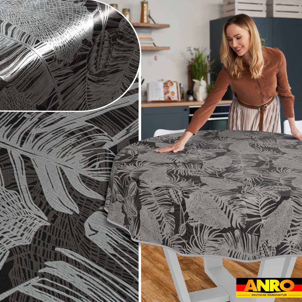 ANRO Tafelkleed Nachttropisch Grijs Rond Ø140cm Met sierband Afwasbaar Waterafstotend