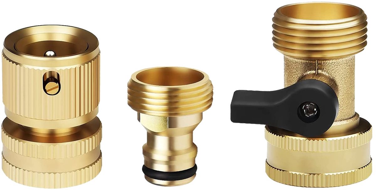 Tuinslang Quick Connect, 3/4 inch massief messing no-lek tuinslangaansluiting aansluiting met afsluitventiel, eenvoudig aan te sluiten en los te maken adapterset, mannelijk en vrouwelijk