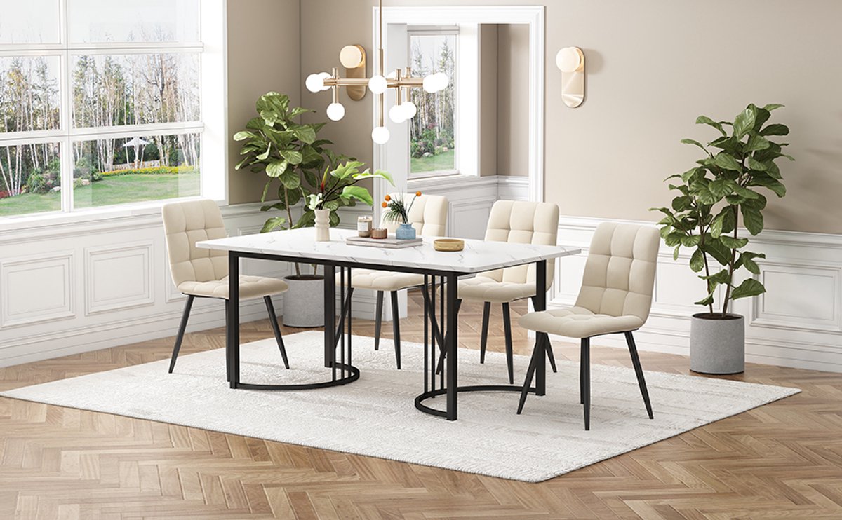 Eettafelset - complete set met 1 eettafel en 4 stoelen - tafel 140 x 80 x 75 cm - mdf - wit - voor keuken of eetkamer - voor dagelijks gebruik