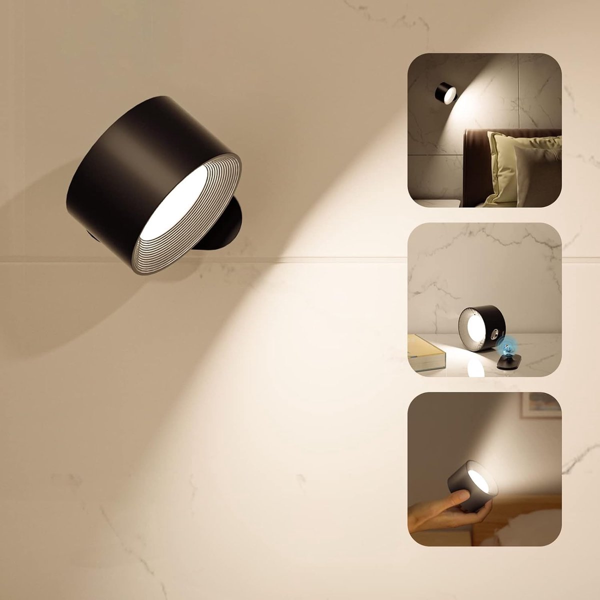 LED-wandlamp, Geschikt voor wandmontage, Geschikt voor USB-poort, gevoed door een oplaadbare batterij, 3 kleurtemperaturen en 3 helderheidsniveaus, 360° draaibare magnetische bol, draadloze lamp Geschikt voor leesruimtes.
