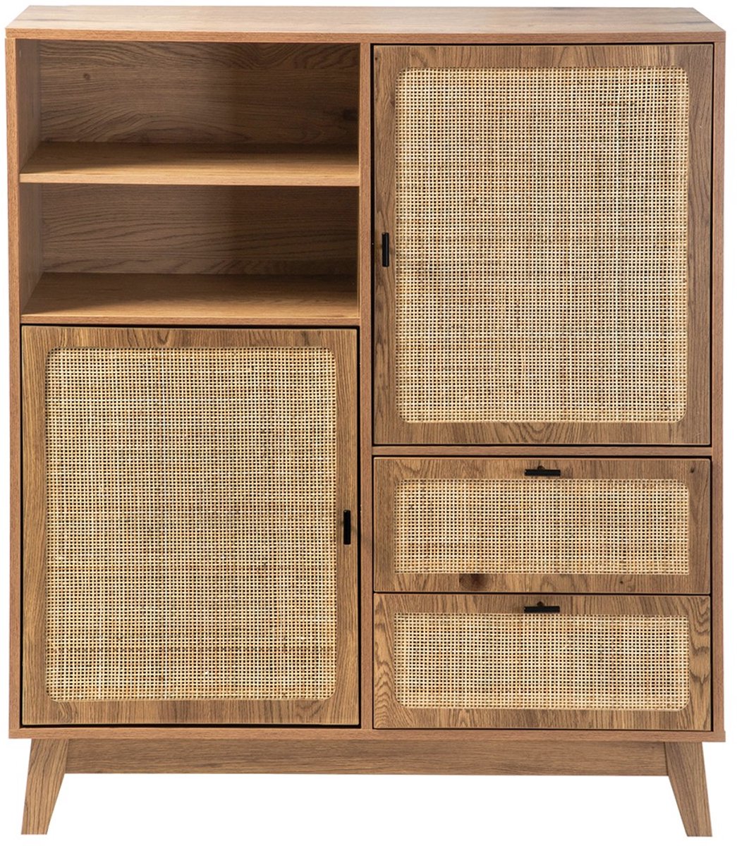 CALICOSY - Hoge kast 2 deuren 3 lades met rieten fronten H120 cm - ALIA