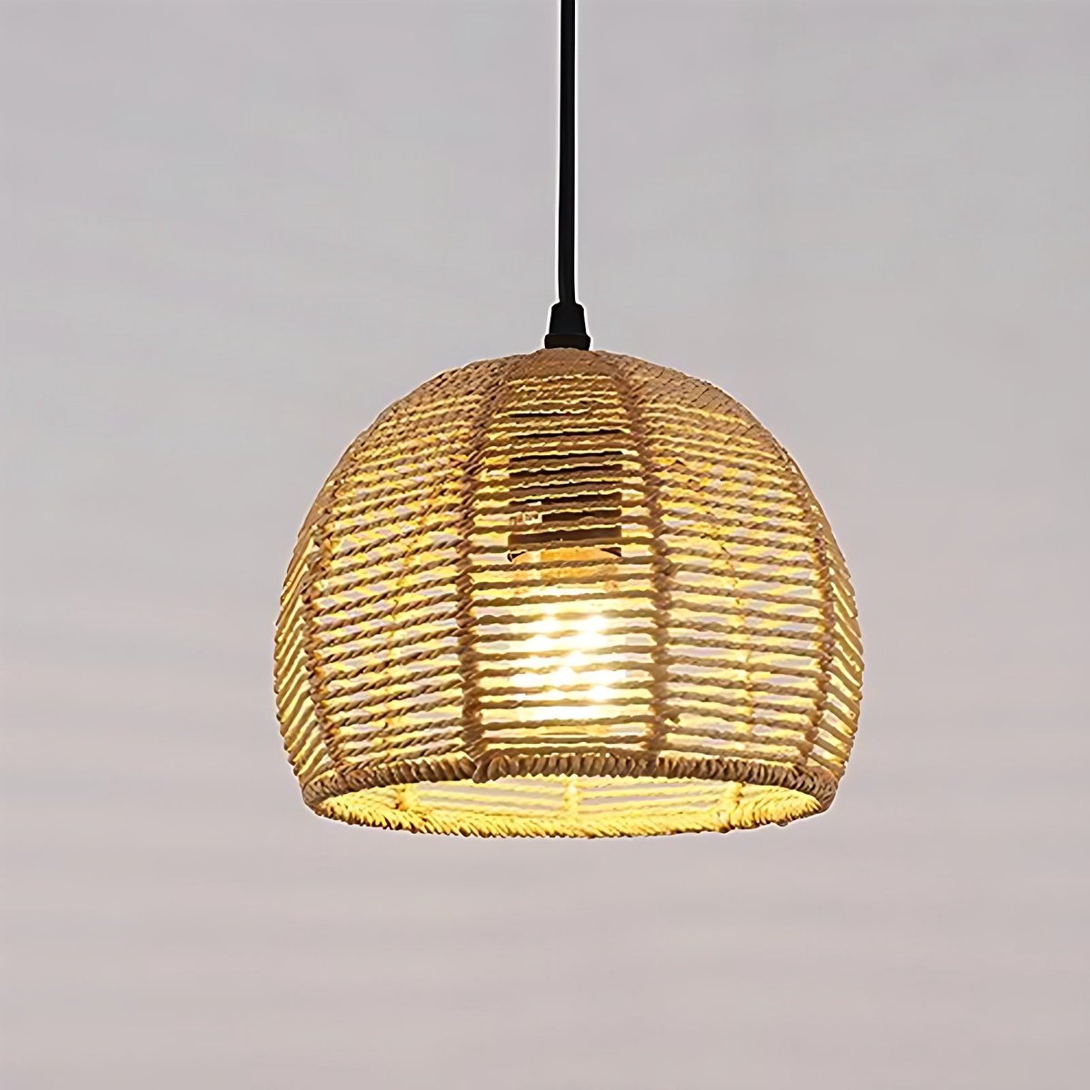 Riserva Hanglamp industrieel retro rond zwart‑houtkleur ijzer‑papierkoord, E27 fitting max 60W zonder lamp, voor woonkamer slaapkamer eetkamer studeerkamer