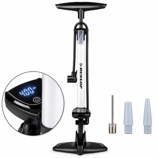 Dunlop fietspomp met een witte cilinder, zwart handvat en voetstuk. Inclusief digitale drukmeter die 4.00 BAR aangeeft, ventieladapters en naald.