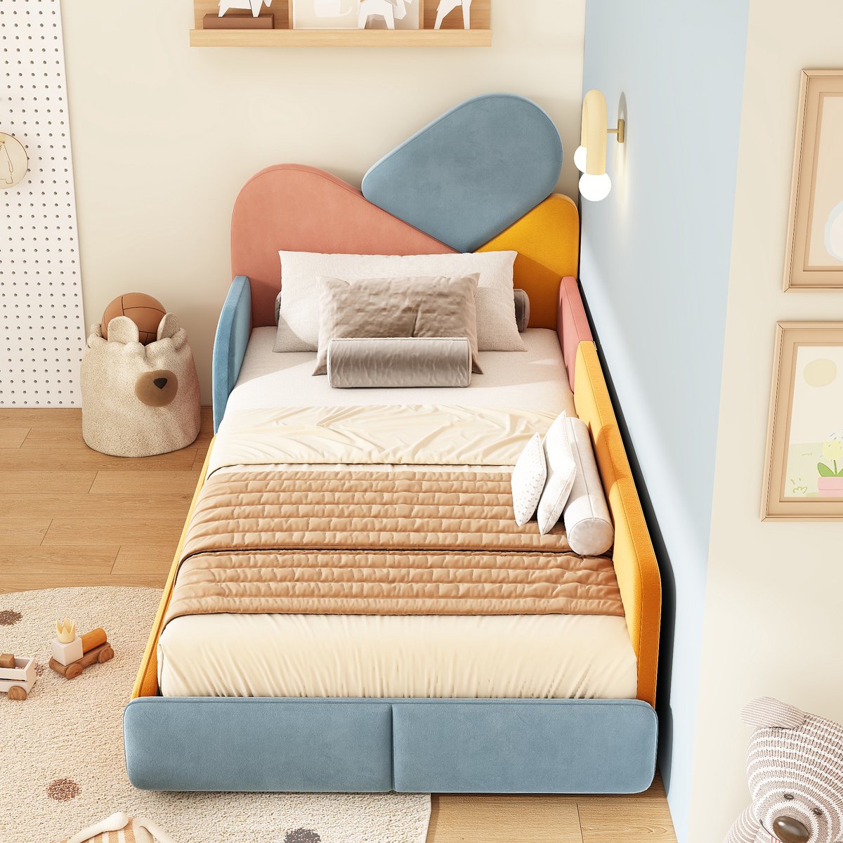 Kinderbed 90x200 cm - eenpersoonsbed in meerdere kleuren met verhoogde zijrail - laag bed met zacht hoofdeinde en kinderbeveiliging