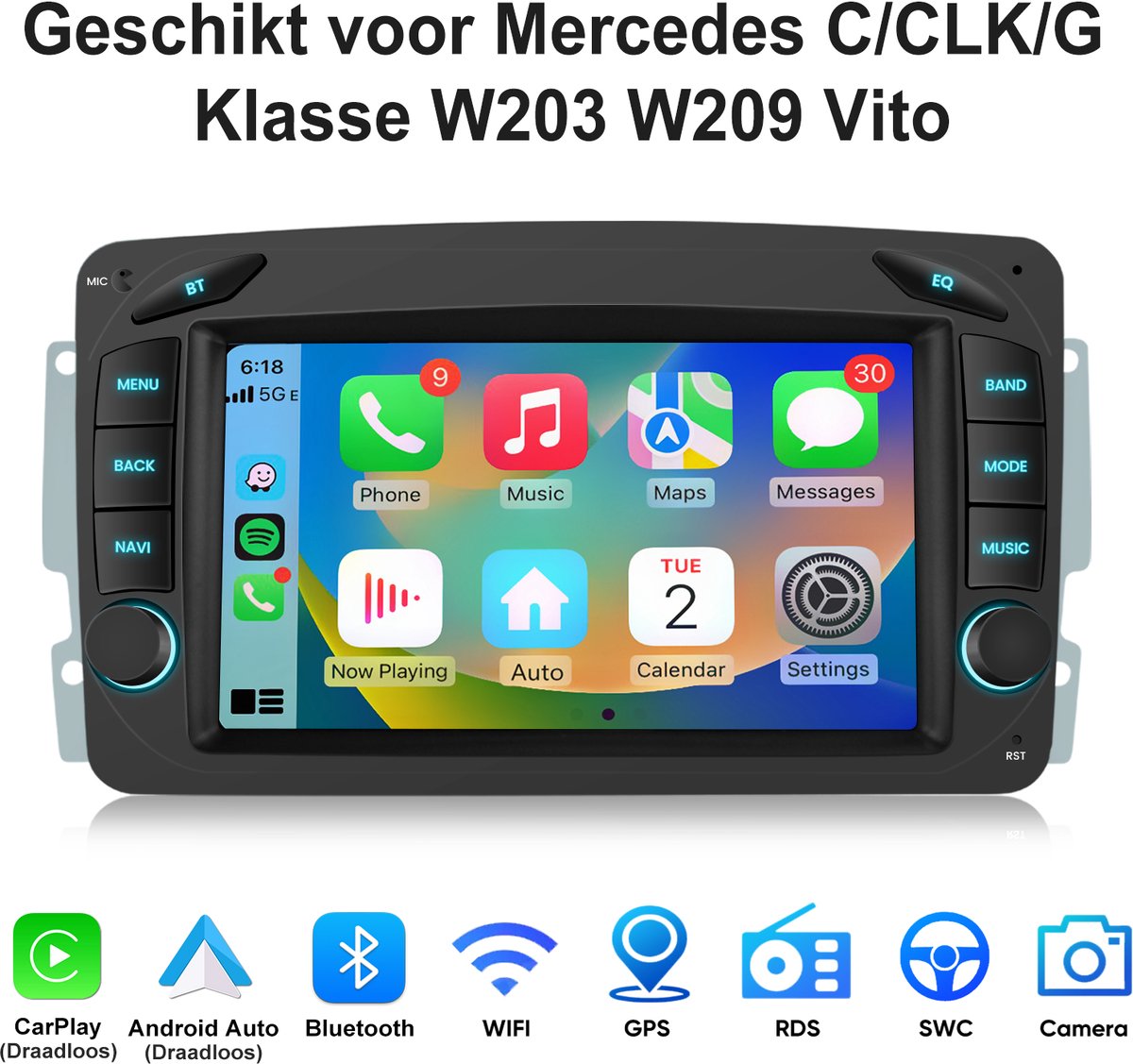 Junsun Autoradio Geschikt voor Mercedes C/CLK/G Klasse W203 W209 Vito - Draadloze CarPlay & Android Auto - Bluetooth - GPS-navigatiesysteem - Stuurwielbediening - 7 inch Touchscreen - WiFi - RDS - 2GB+64GB