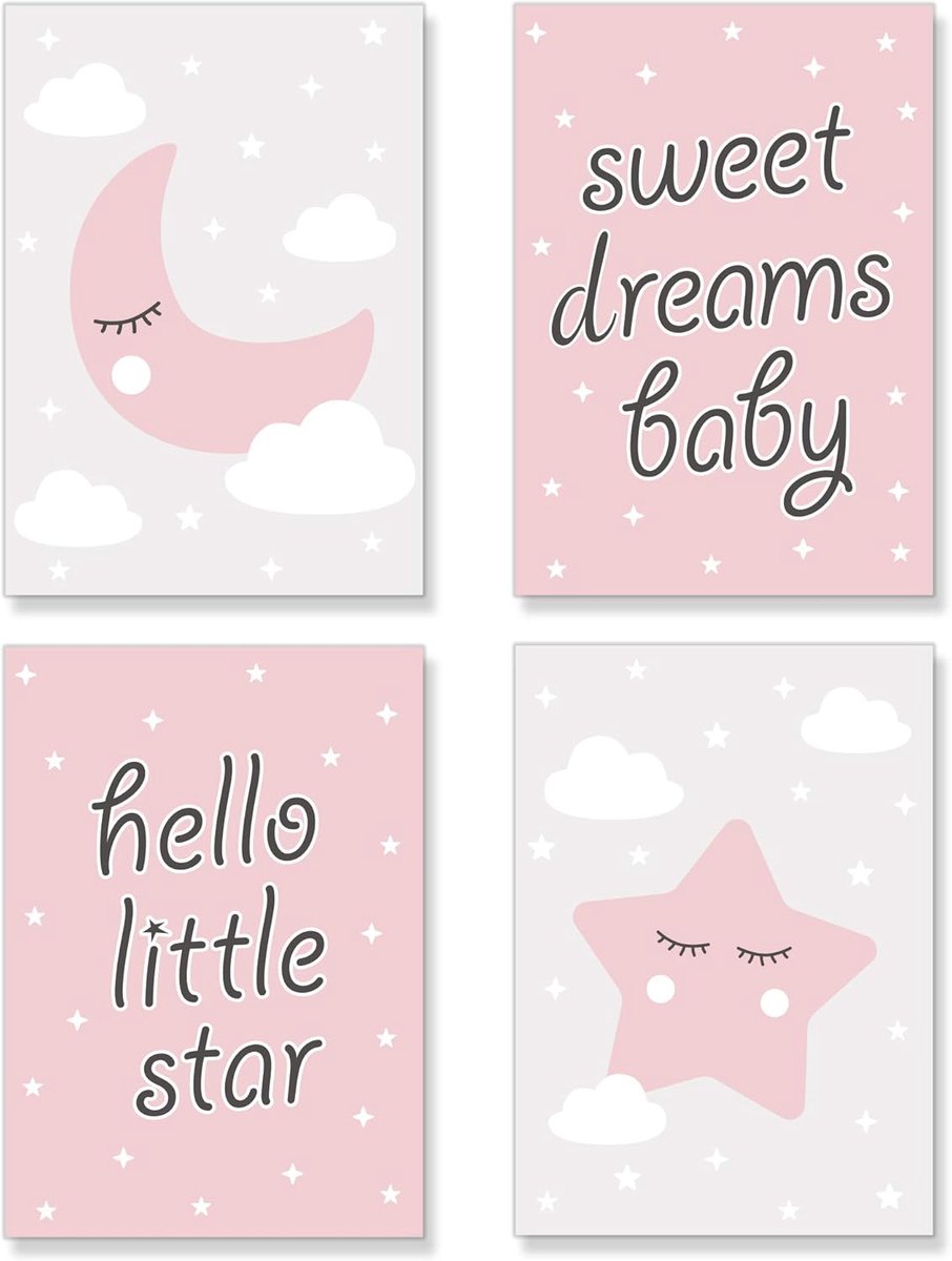 Posters wanddecoratie A4 - dik papier - meisjes met maan, ster en wolken - sfeervolle babykamer decoratie - m-winkel