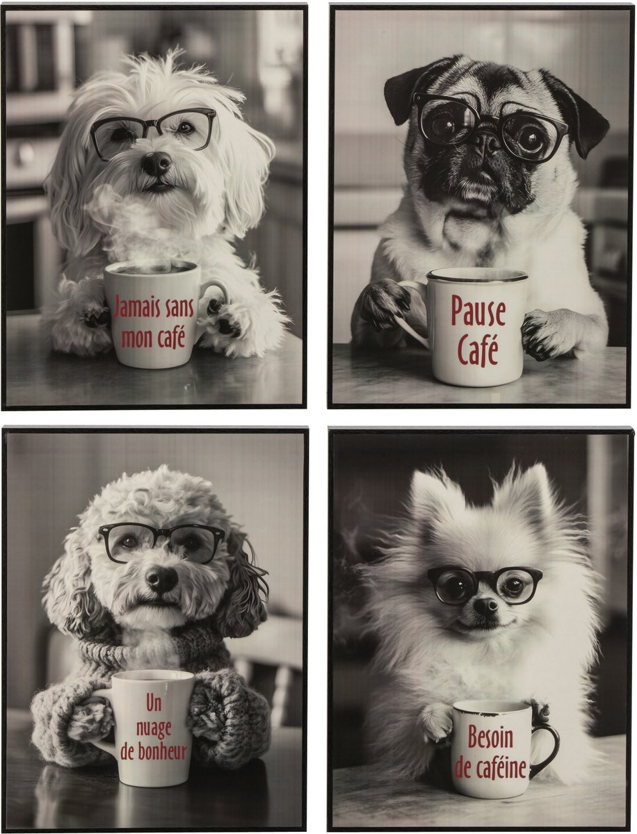 J-Line Poster hond met koffie - MDF - bordeaux - assortiment van 4