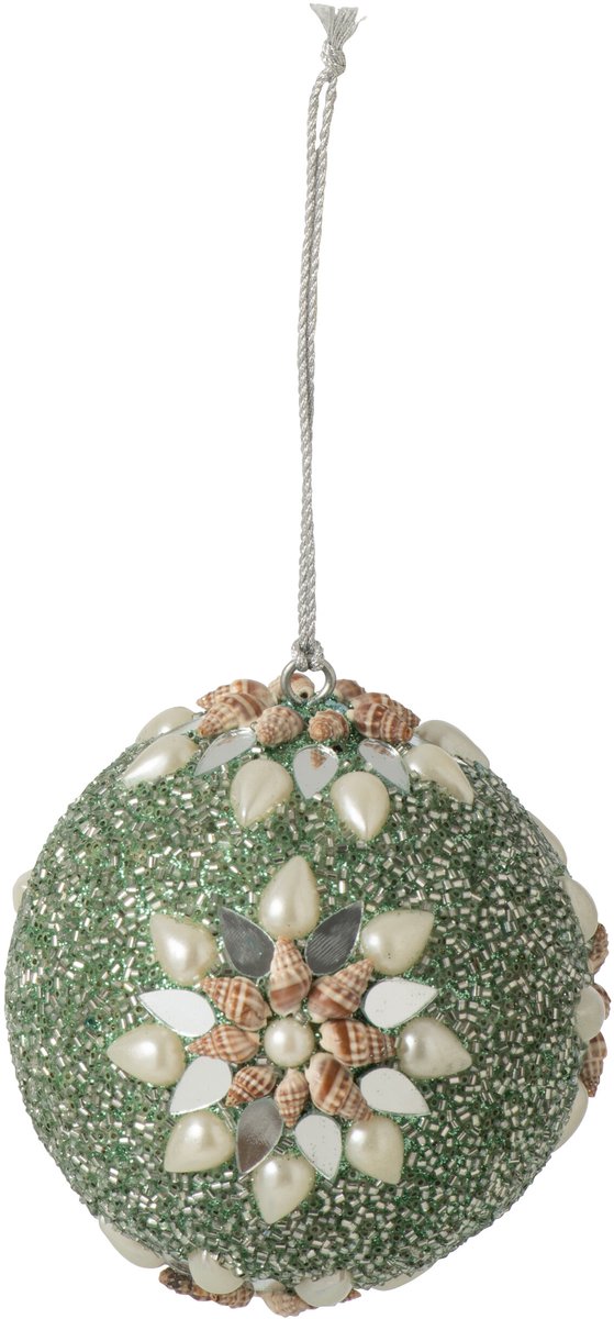 J-Line kerstbal Kralen + Schelp - kunststof - lichtgroen/wit - 12 stuks