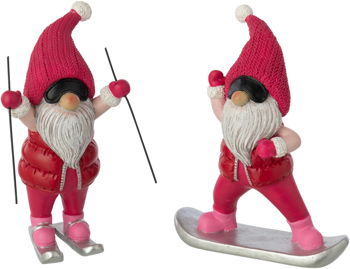 J-Line Kerstman op ski’s - polyresin - fuchsia/kerstrood - assortiment van 2