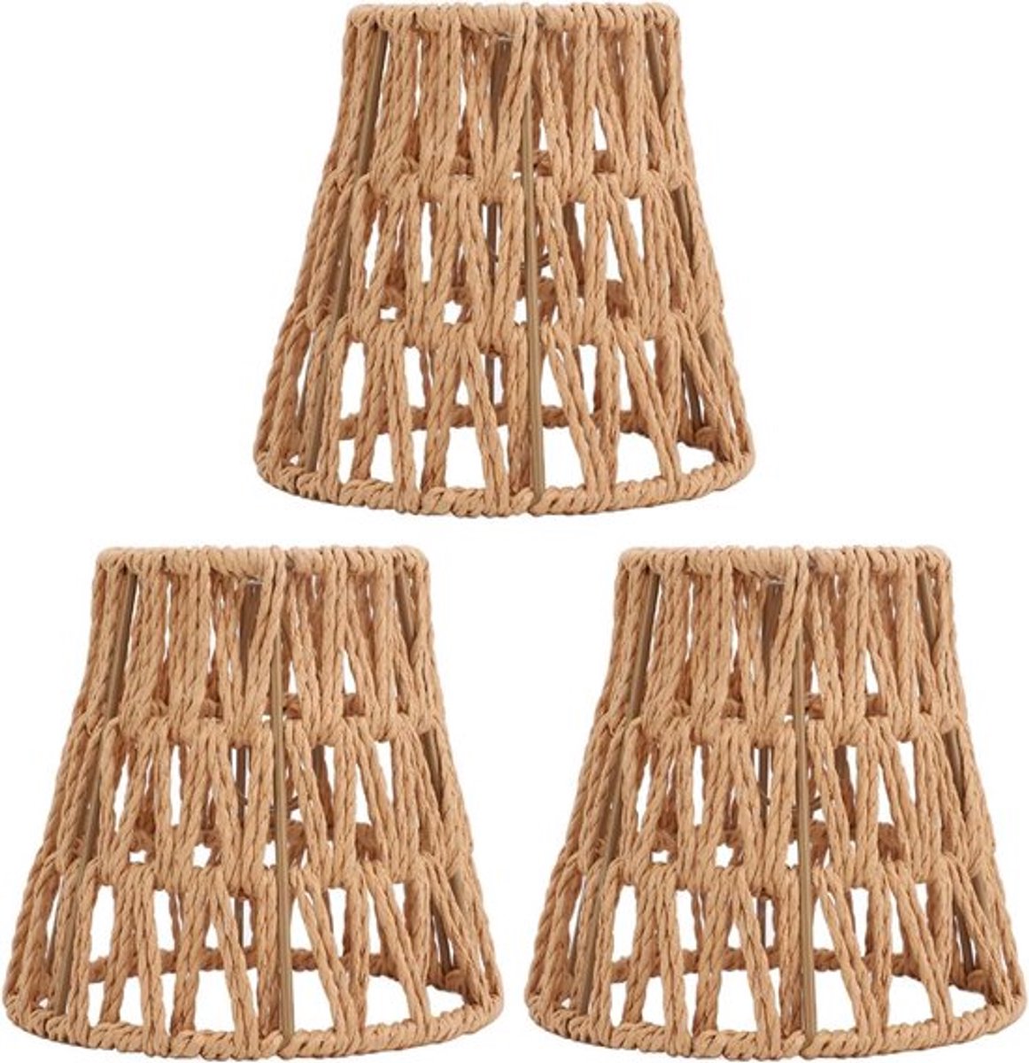 Set van 3 hangende rotan lampenkappen voor E14 lampen - Boho stijl met 6 inch hoogte - Cilindervormig en geweven design - Decoratieve vervangingsschermen met lampclip voor plafondventilatoren
