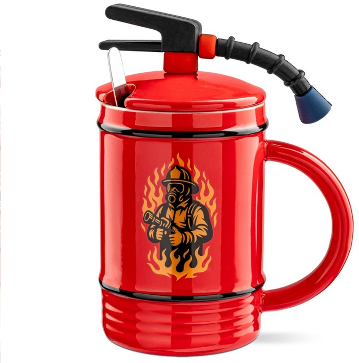 Brandblusser Mok 450ml - Unieke Keramische Mok met Deksel & Lepel