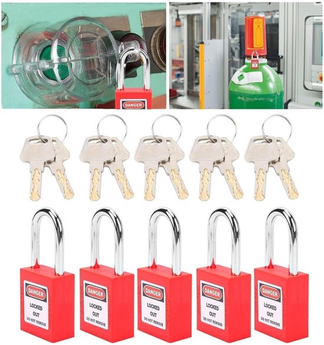 5-delige Beveiliging Hangslot Set voor Lockout Tagout Procedures - Rood